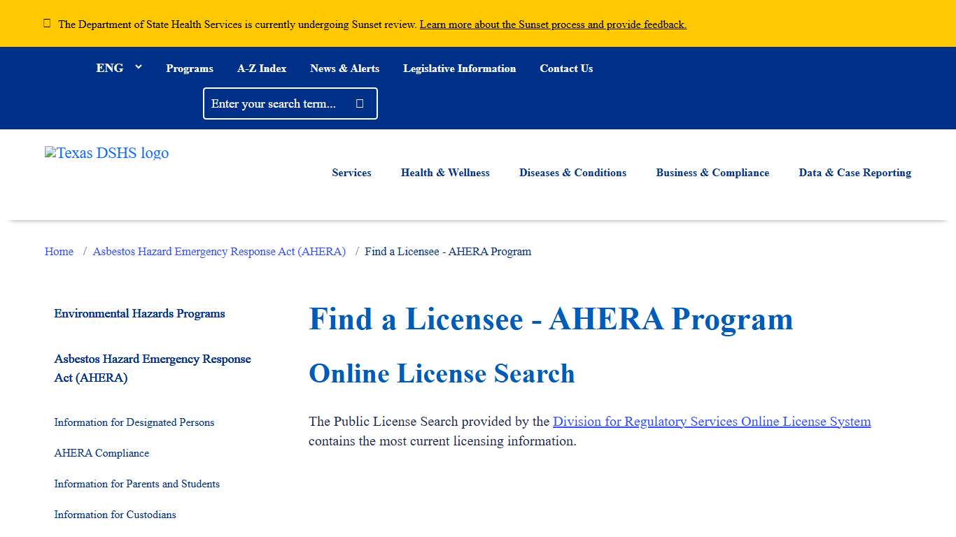Find a Licensee - AHERA Program | Texas DSHS