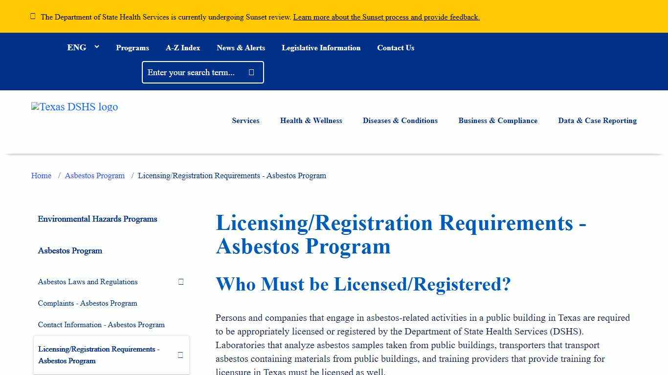 Licensing/Registration Requirements - Asbestos Program | Texas DSHS