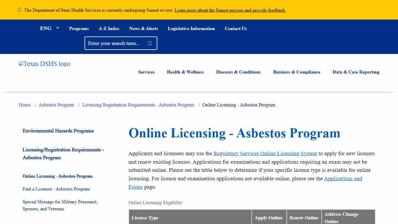 Online Licensing - Asbestos Program | Texas DSHS